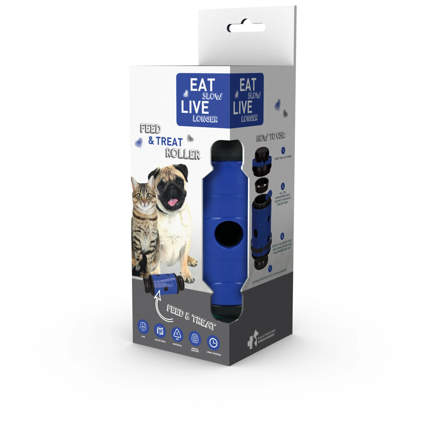 Eat Slow Live Longer Feed And Treat Roller - Blauw - S - 16,5 X ø 7 Cm 3 Eat Slow Live Longer Feed And Treat Roller - Blauw - S - 16,5 X ø 7 Cm